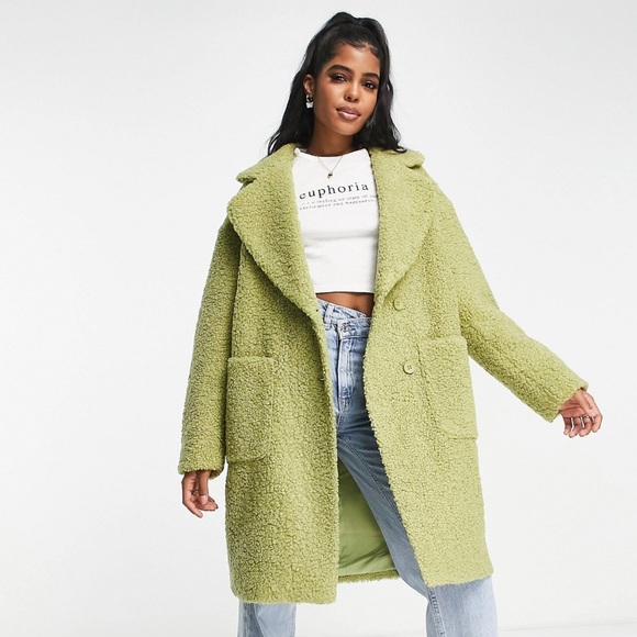 The Frolic faux shearling pea coat in sage green - Picture 1 of 8